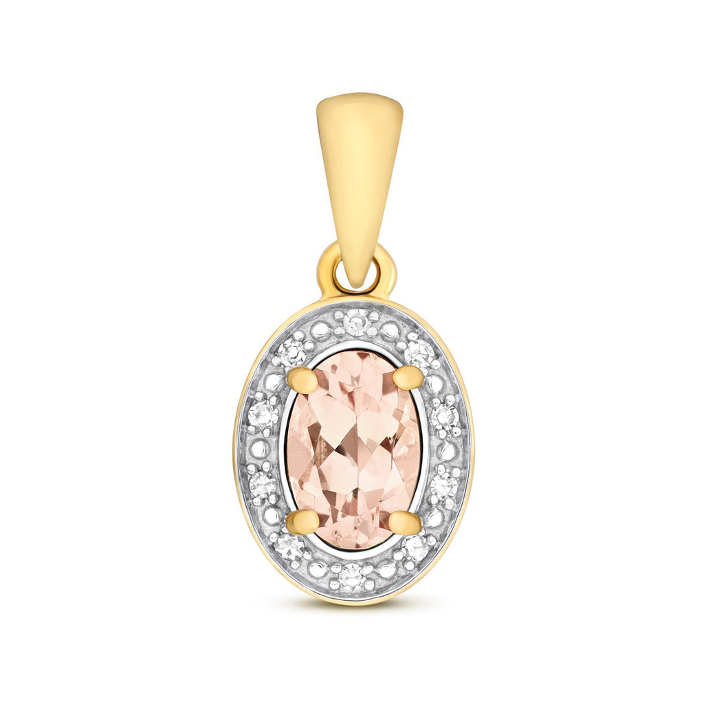 Oval Morganite Diamond Pendant 9ct Multi Tone Gold 375 Hallmarked Chain Lengths