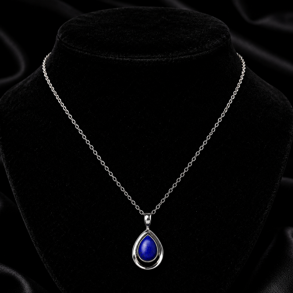 Teardrop Lapis Lazuli Necklace Solid Sterling Silver 925 Hallmarked British Made