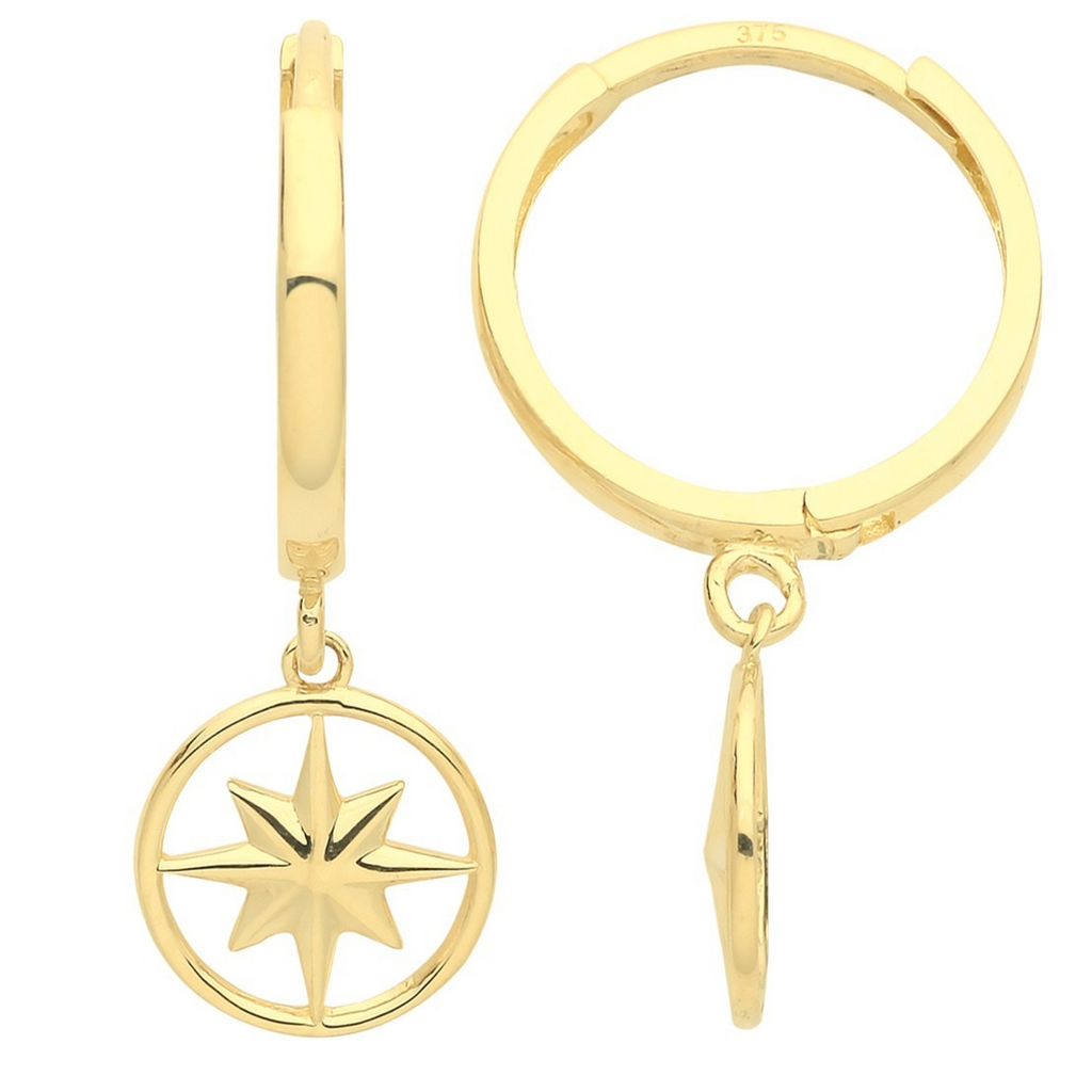 10mm Compass Drop Hoops Earrings 9ct Yellow Gold 375 Hallmarked Brand New