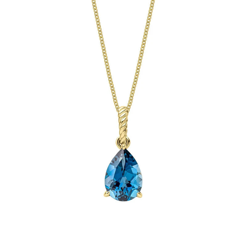 Natural Teardrop Blue Topaz Pendant 9ct Yellow Gold 375 Hallmarked British Made