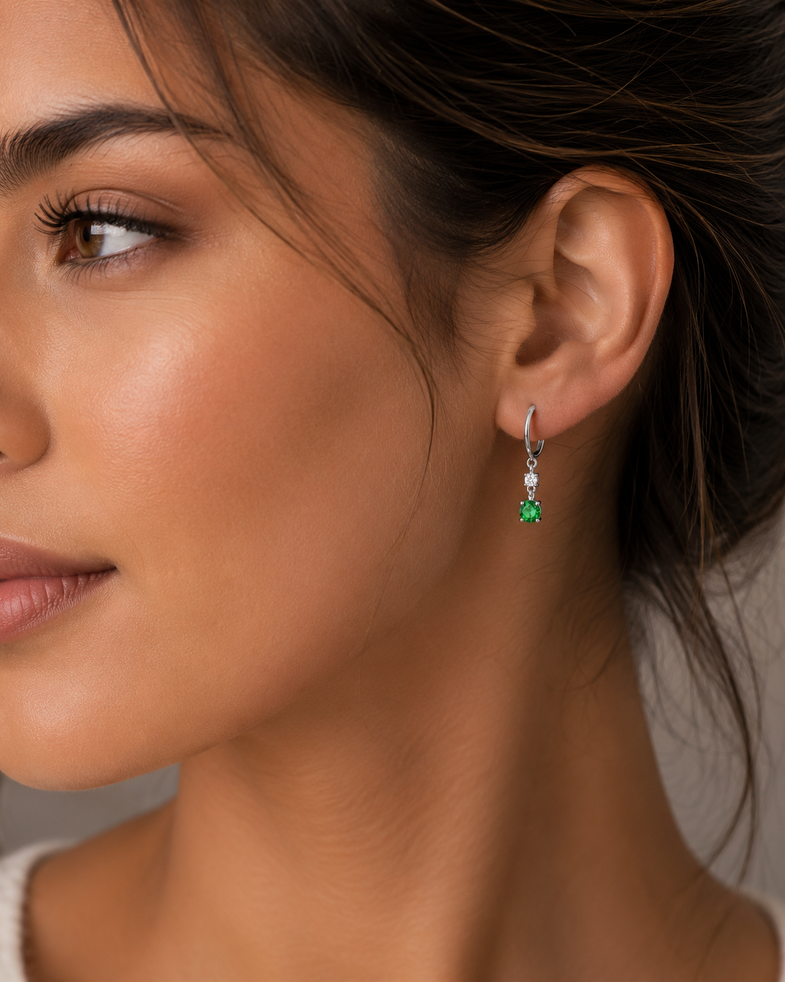 Solitaire Emerald Drop Hoop Earrings Sterling Silver 925 Hallmarked British Made