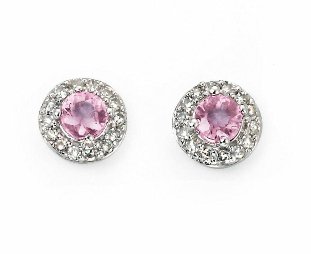 Pink Sapphire Earrings with Diamond Surround in 9ct White Gold British Made