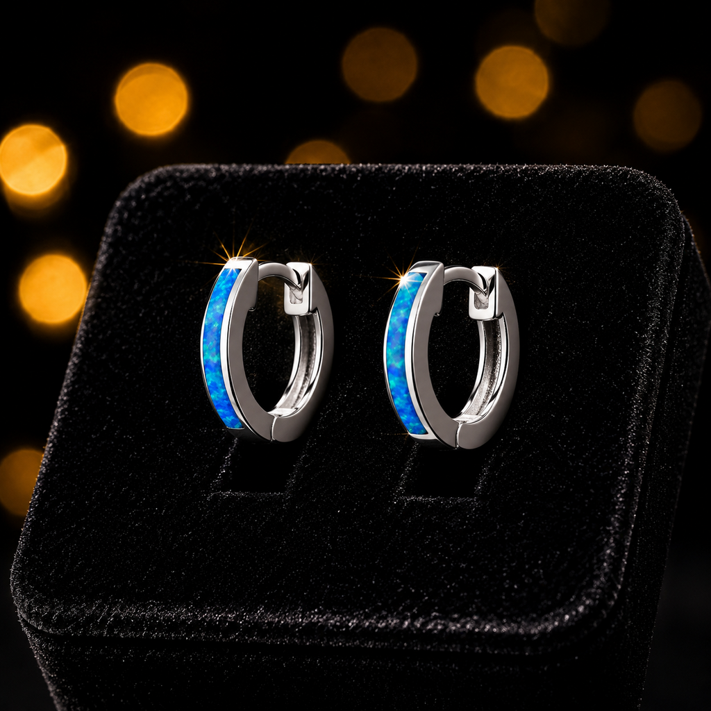 11mm Flush Blue Opal Hoop Earrings Sterling Silver 925 Hallmark Brand New Boxed