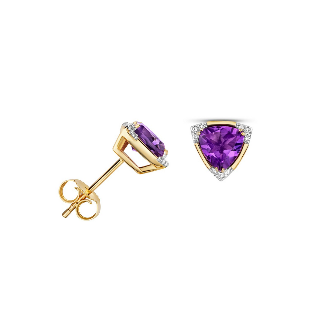 Natural Triangular Amethyst Diamond Earrings 9ct Multi Tone Gold 375 Hallmarked