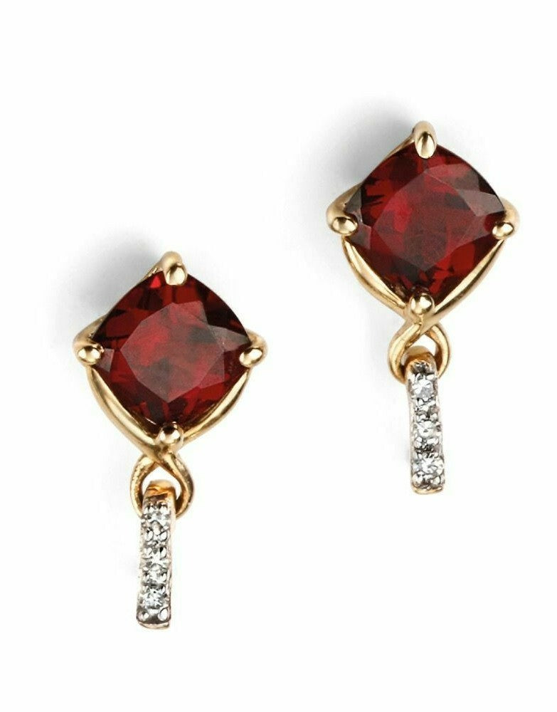 Garnet And Diamond Drop Earrings 9ct Yellow Gold 375 Hallmarked British Made