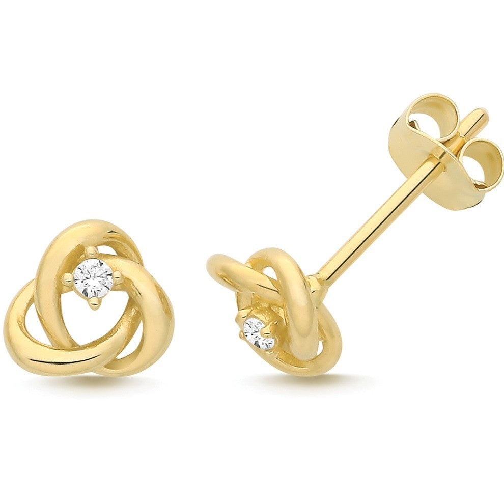 Solitaire Knot Stud Earrings 9ct Yellow Gold 375 Hallmarked Brand New Boxed