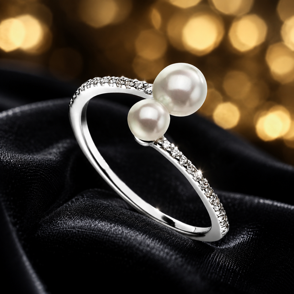 Sterling Silver Double Pearl Ring Pave Setting 925 Hallmarked Size K - S