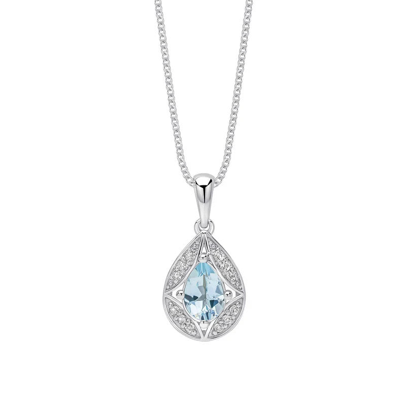 Art Deco Aquamarine & Topaz Pendant 9ct White Gold 375 Hallmarked British Made