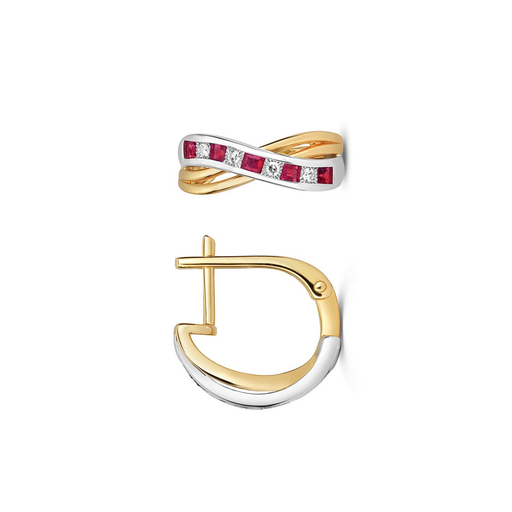 Natural Ruby Diamond Drop Hoop Earrings 9ct Multi Tone Gold 375 Hallmarked