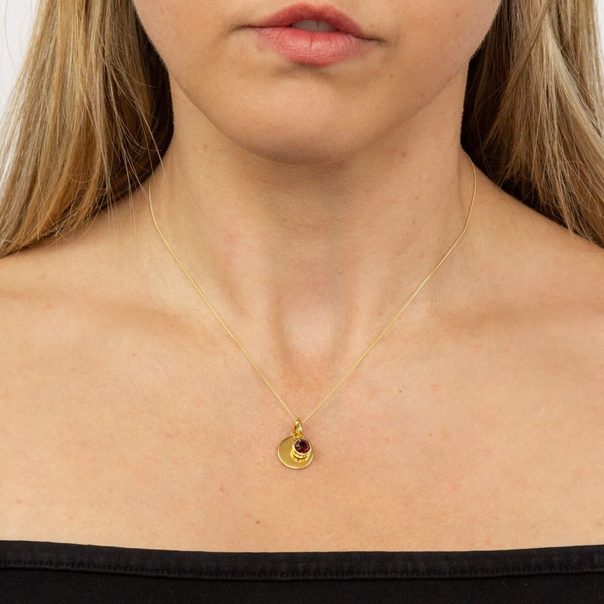Engravable Solitaire Garnet Pendant and Earrings Set Yellow Gold Plated