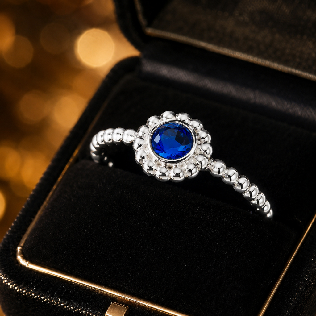 Blue Sapphire Sterling Silver Bead Stacking Ring 925 Hallmarked Size K - S