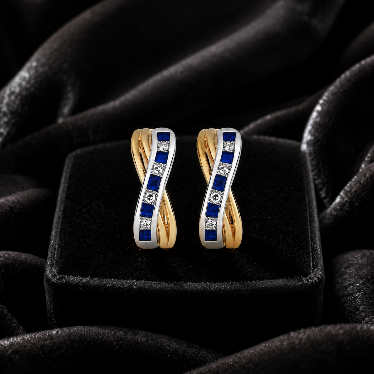 Natural Sapphire Diamond Drop Hoop Earrings 9ct Multi Tone Gold 375 Hallmarked