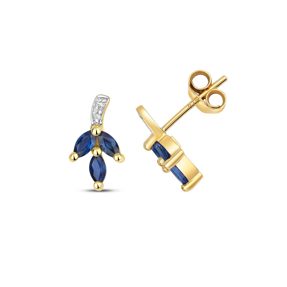 Sapphire Floral Diamond Stud Earrings 9ct Yellow Gold 375 Hallmark British Made