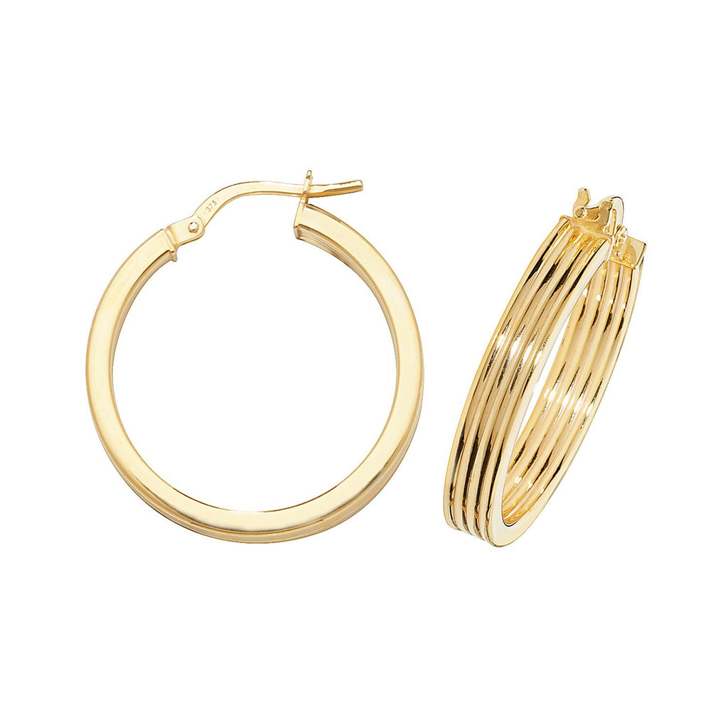 9ct Yellow Gold Grooved Hoop Earrings 375 Hallmarked 10mm - 50mm Diameter