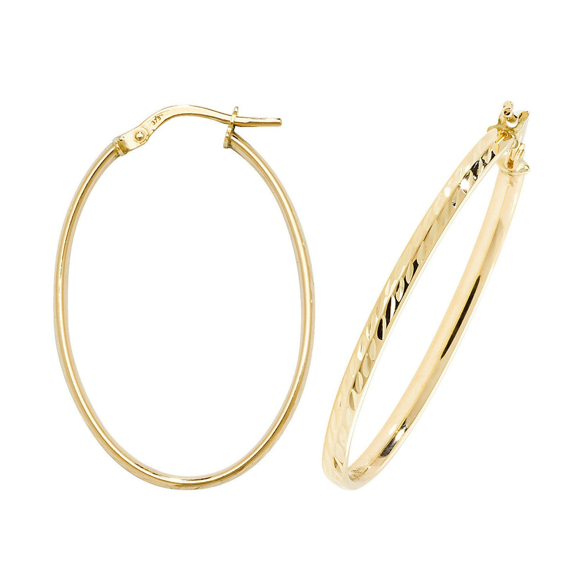 9ct Yellow Gold DC Oval Hoop Earrings 375 Hallmarked 15mm - 30mm Diameter