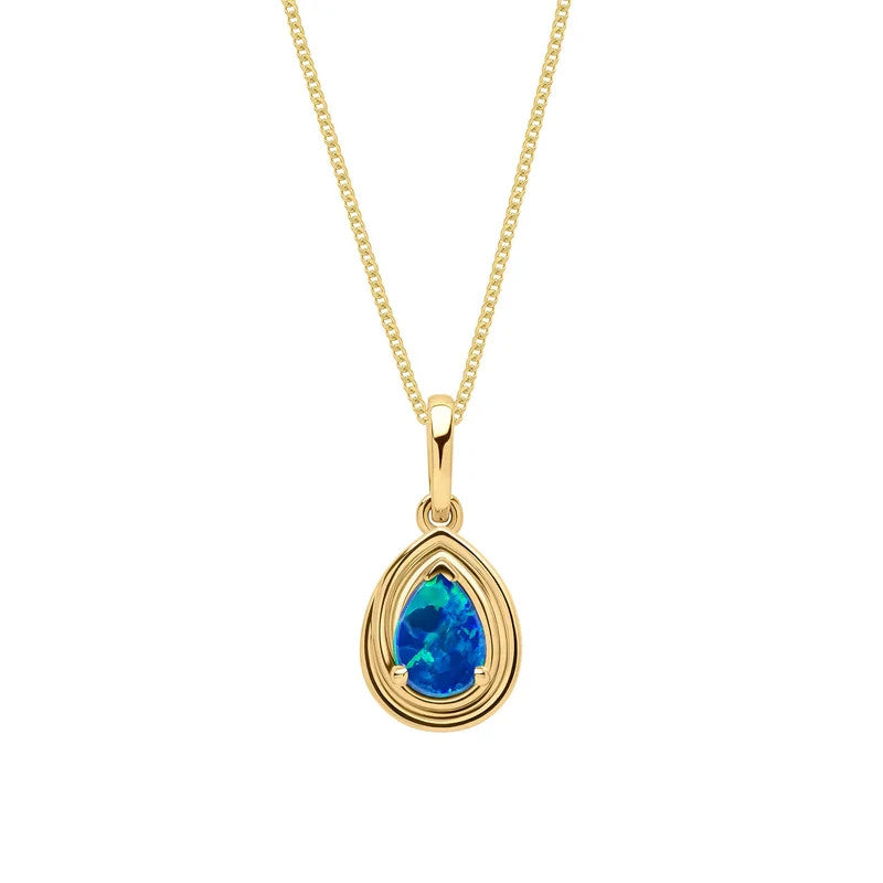 Natural Teardrop Blue Opal Pendant 9ct Yellow Gold 375 Hallmarked British Made