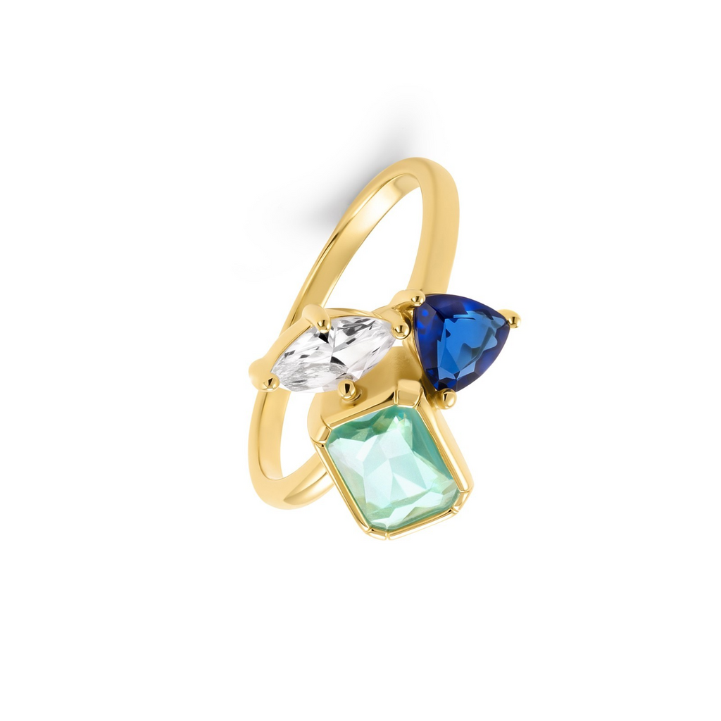 Sapphire & Topaz 3 Stone Ring Yellow Gold Plated Hallmarked  J - R British Made