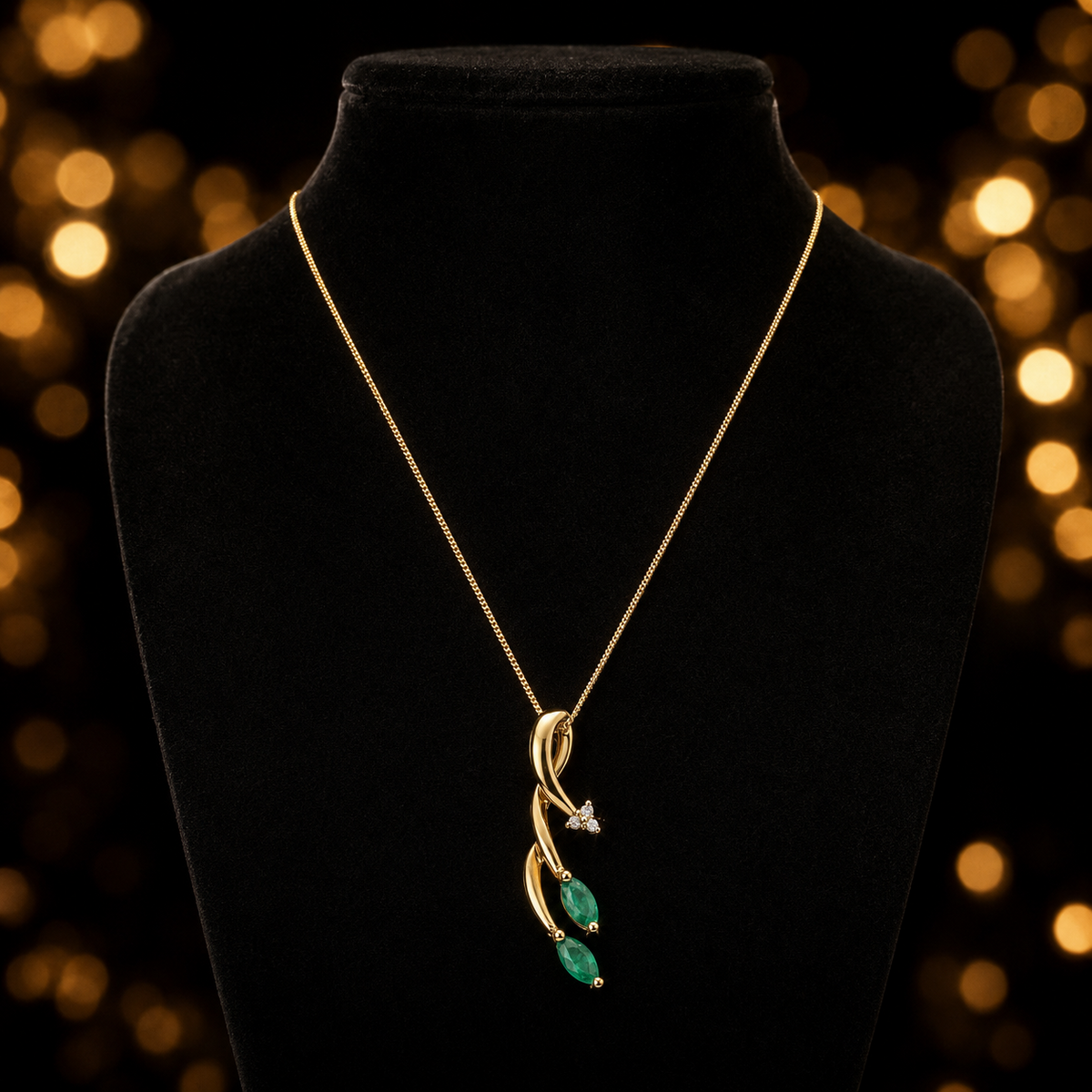 Diamond and Emerald Pendant Vine 9ct Yellow Gold Hallmarked British Made