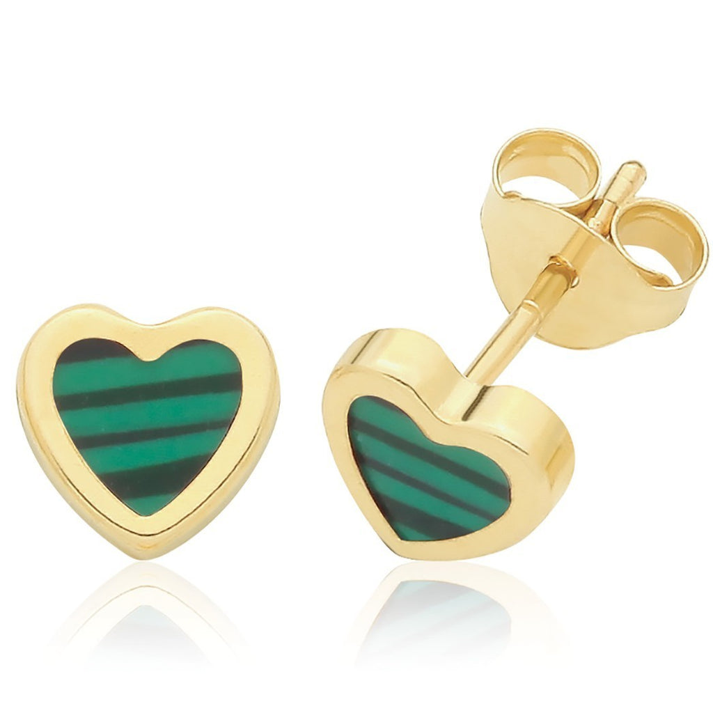 Natural Malachite Heart Stud Earrings 9ct Yellow Gold 375 Hallmarked Brand New