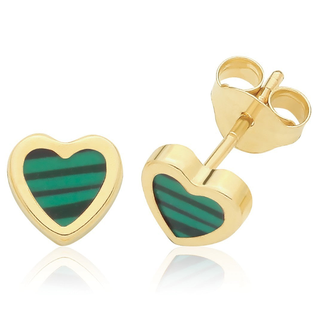 Natural Malachite Heart Stud Earrings 9ct Yellow Gold 375 Hallmarked Brand New