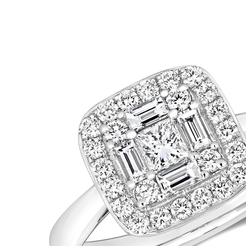Natural Diamond Baguette Halo Ring 18ct White Gold Hallmarked Sizes J - Q