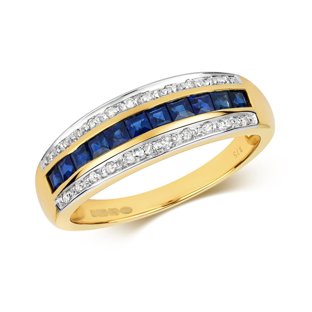Sapphire Diamond Band Ring 9ct 2 Tone Gold 375 Hallmark Sizes J - Q British Made