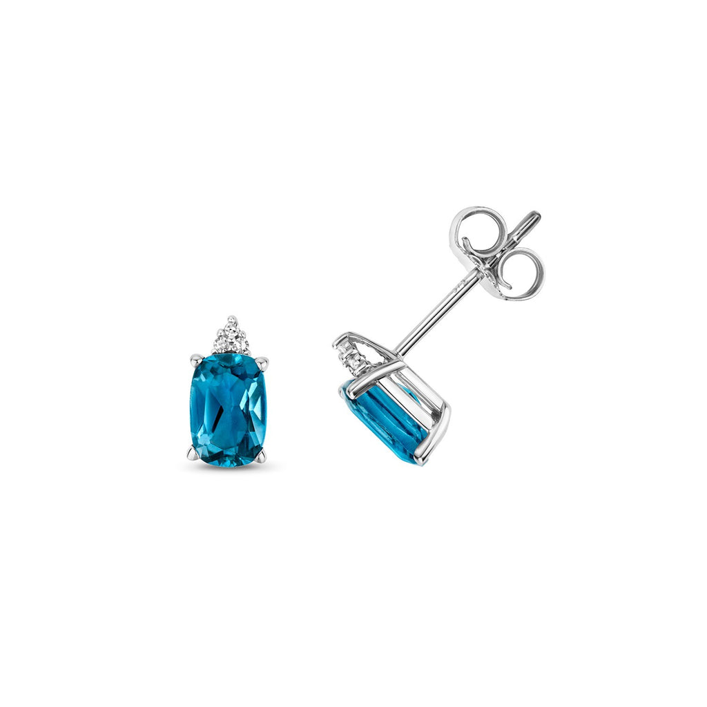 Natural Oval Blue Topaz Diamond Stud Earrings 9ct White Gold 375 Hallmarked