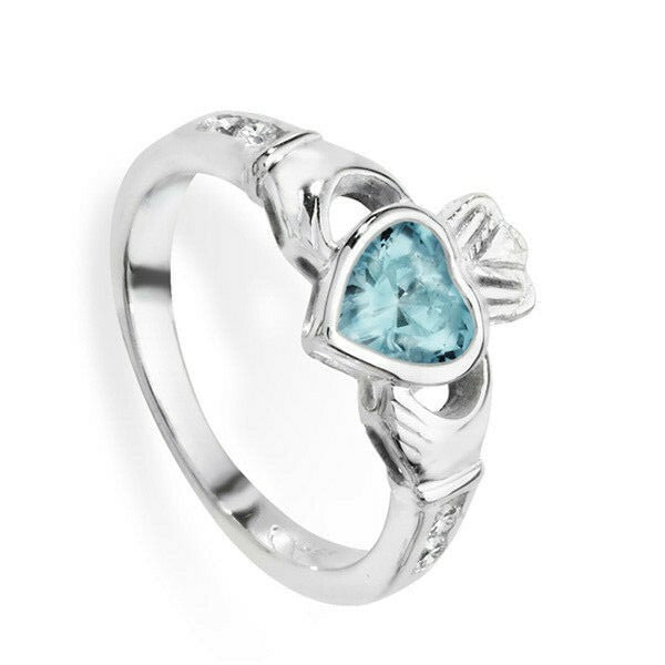 Sterling Silver Aquamarine Ring Claddagh March Stone 925 Hallmarked Size J - R