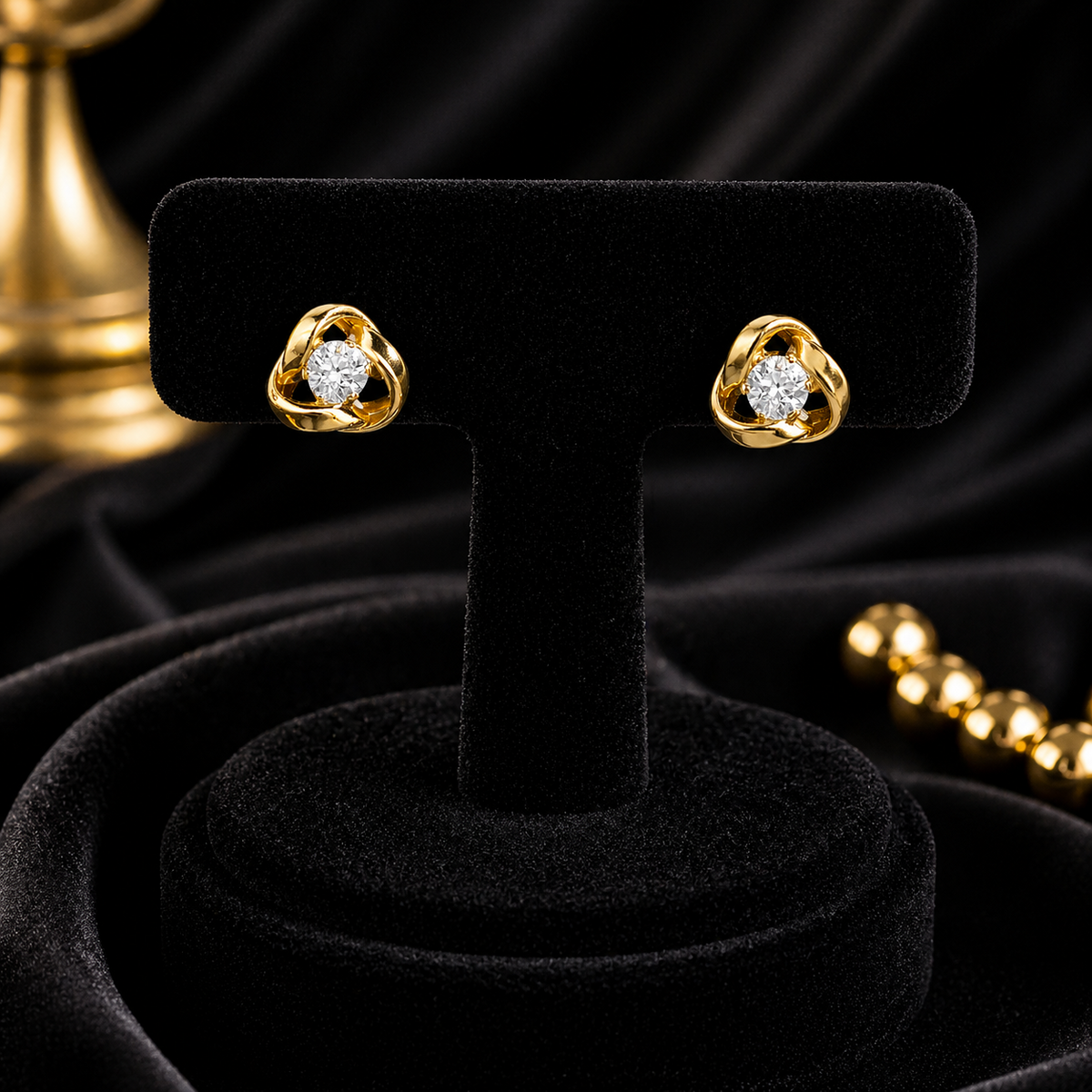Soltaire Knot Stud Earrings 9ct Yellow Gold 375 Hallmarked Brand New Boxed