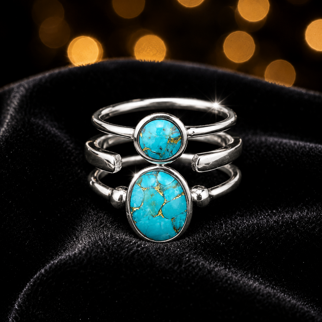 Triple Band Turquoise Ring Sterling Silver 925 Hallmark British Made Size K - T