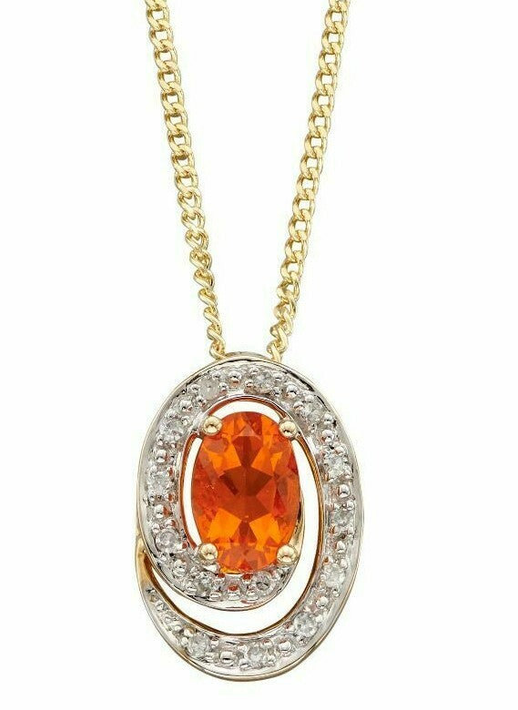 Fire Opal and Diamond Pendant 9ct Yellow Gold 375 Hallmarked British Made