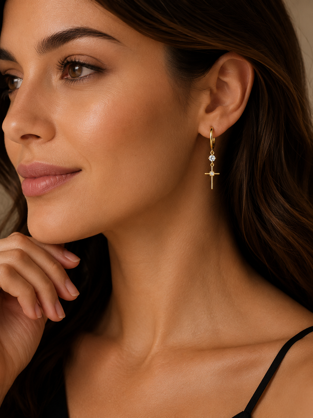 2 Stone Cross Drop Hoop Earrings 9ct Yellow Gold 375 Hallmarked Brand New Boxed