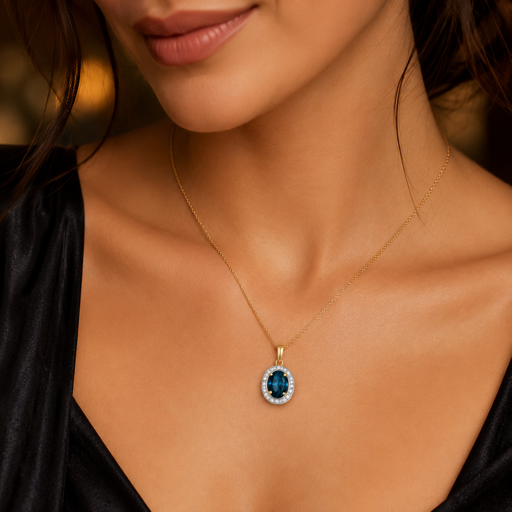 Oval Blue Topaz Diamond Pendant 9ct Multi Tone Gold 375 Hallmarked Chain Lengths