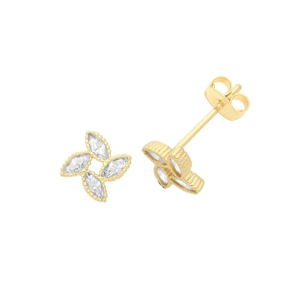 Marquise Cluster Stud Earrings 9ct Yellow Gold 375 Hallmarked Brand New Boxed