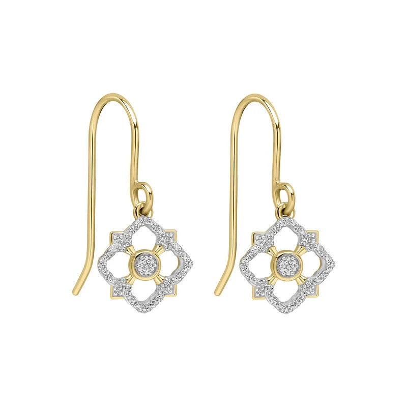 Pave Set Floral Drop Earrings 9ct Yellow Gold 375 Hallmarked British Made