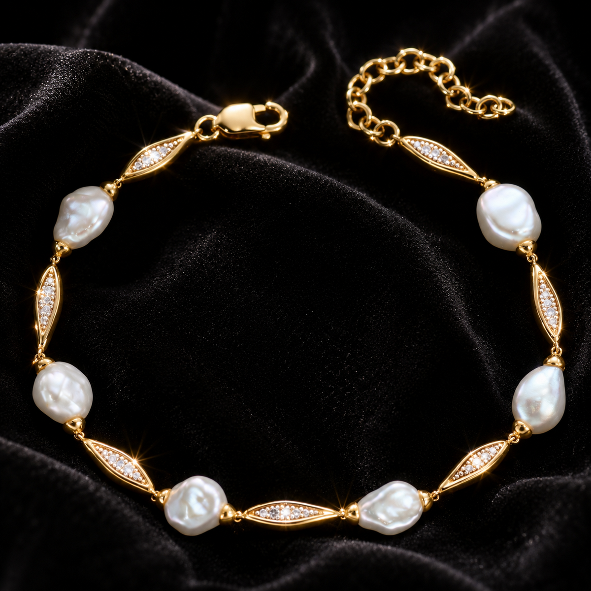 Keshi Pearl And Diamond Bracelet In 9ct Yellow Gold 375 Hallmarked British Made
