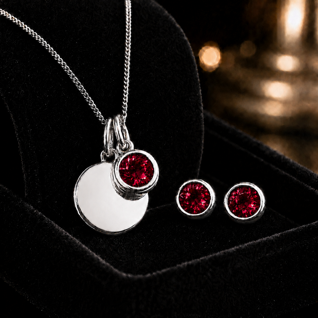 Engravable Solitaire Ruby Pendant and Earrings Set Solid Sterling Silver