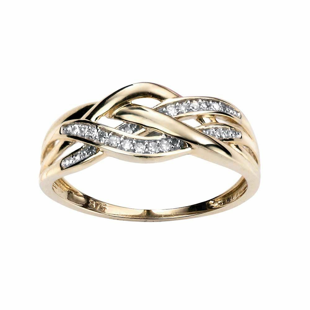 Plaited Ring with Pave Natural Diamonds in 9ct Yellow Gold 375 Hallmarked