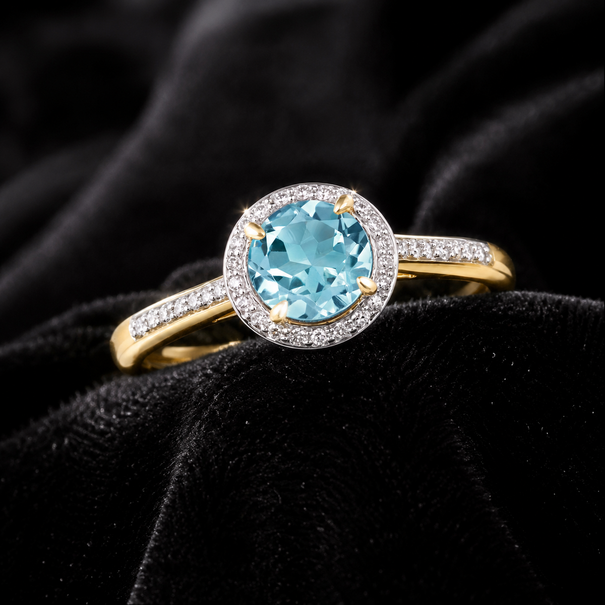 Round Halo Blue Topaz Diamond Ring 9ct 2 Tone Gold 375 Hallmarked Sizes J - Q