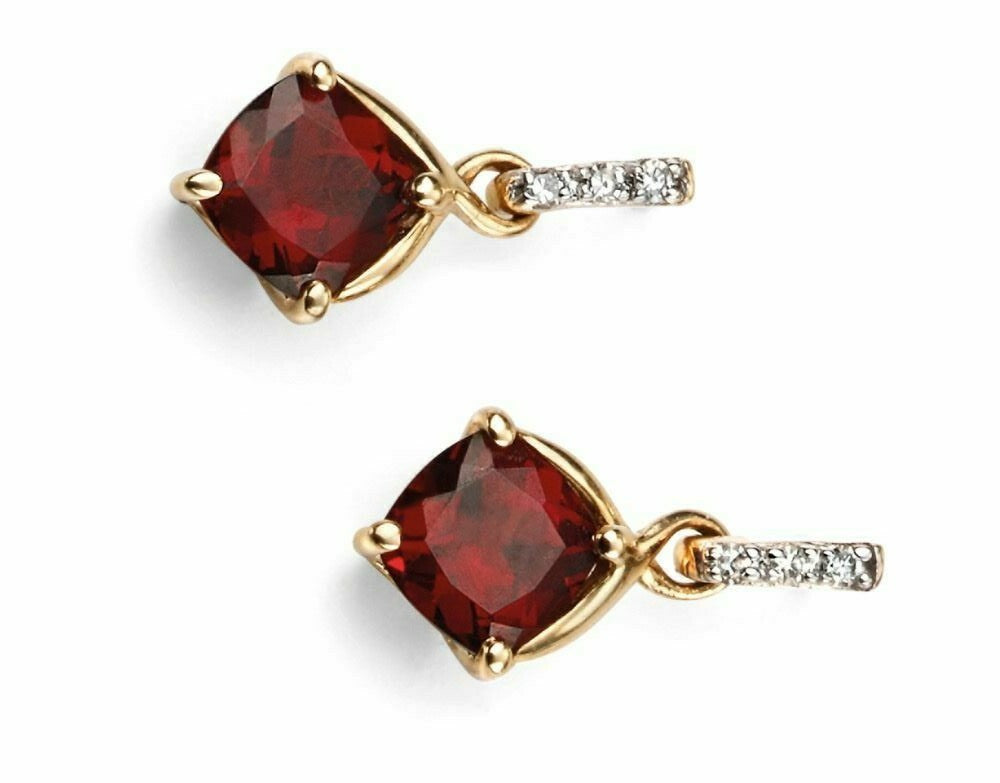 Garnet And Diamond Drop Earrings 9ct Yellow Gold 375 Hallmarked British Made