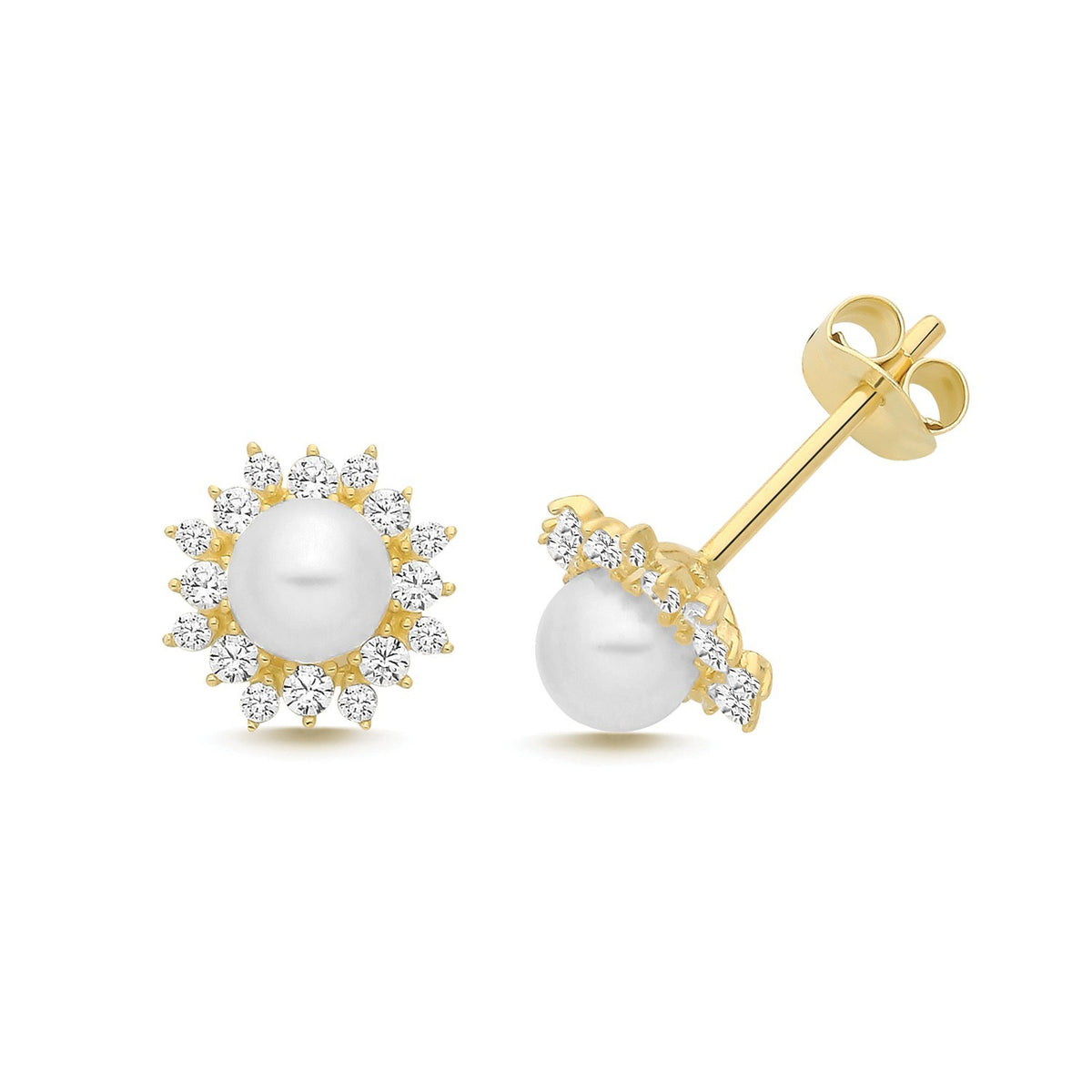 Vintage Halo Pearl Stud Earrings 9ct Yellow Gold 375 Hallmarked Brand New Boxed