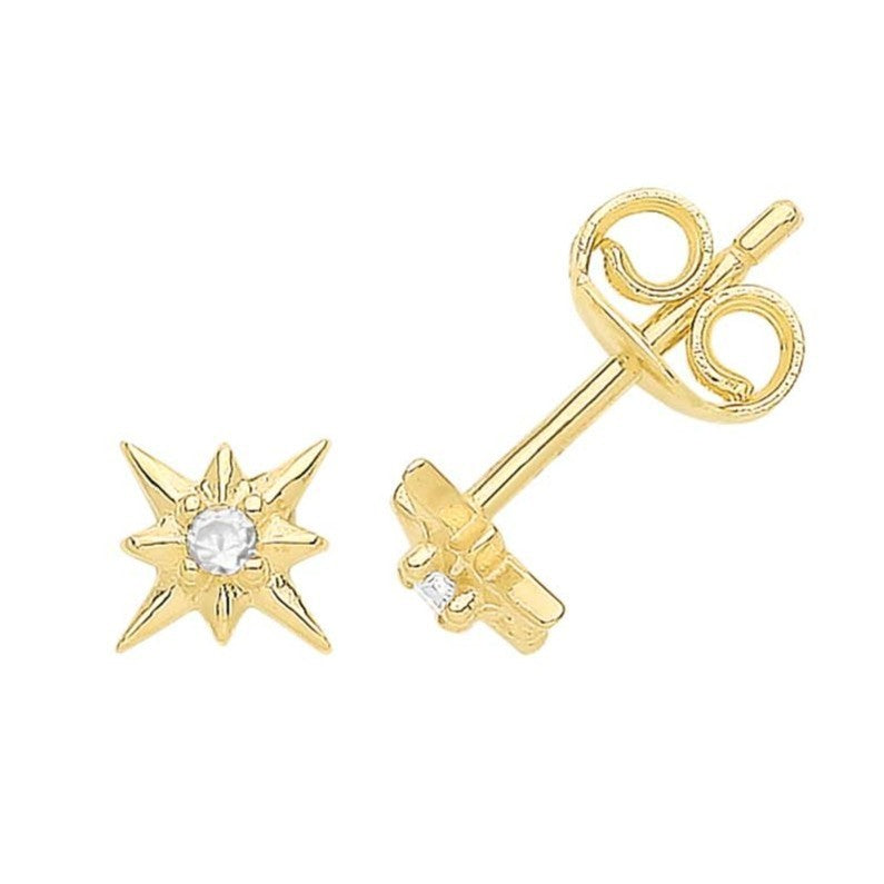 Prong Star Stud Earrings 9ct Yellow Gold 375 Hallmarked Brand New Boxed