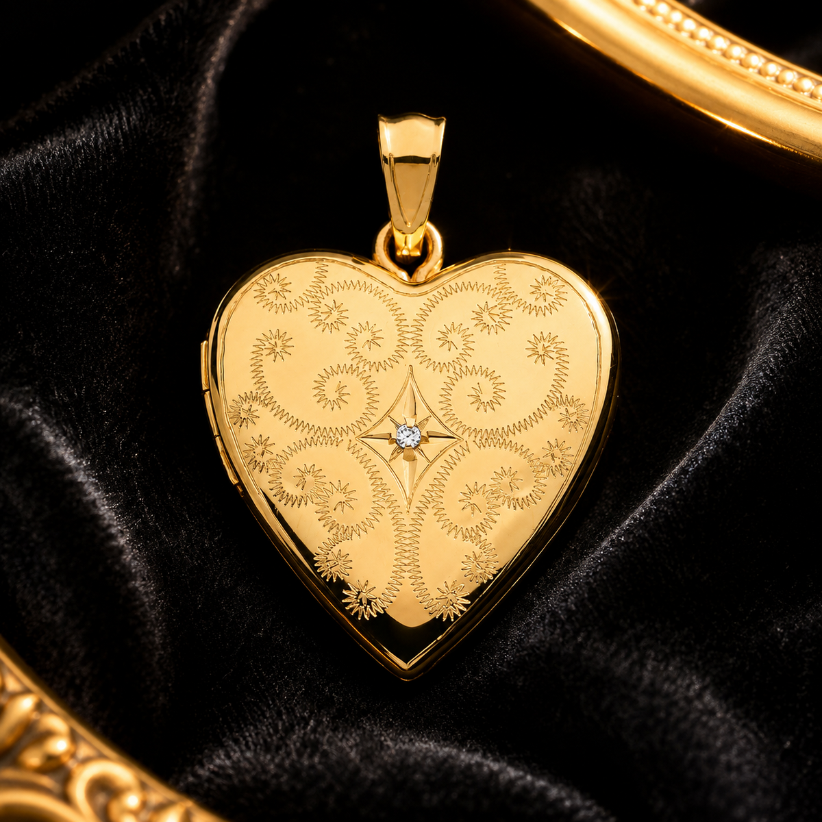 Starburst Scroll Diamond 9ct Yellow Gold Locket 375 Hallmarked All Chain Lengths