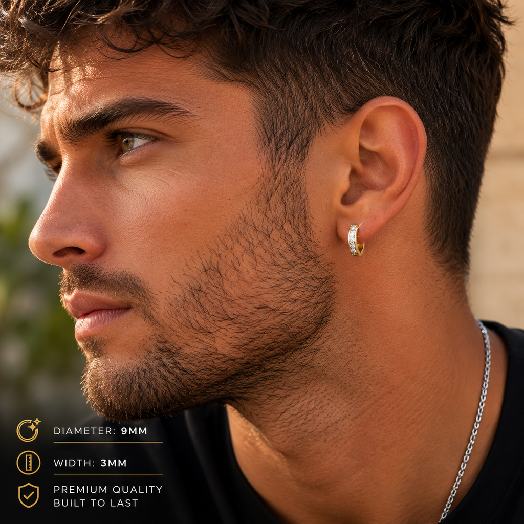 Mens 6 Stone Huggie Hoop Earring 9ct Yellow Gold Gents 375 Hallmark Brand New