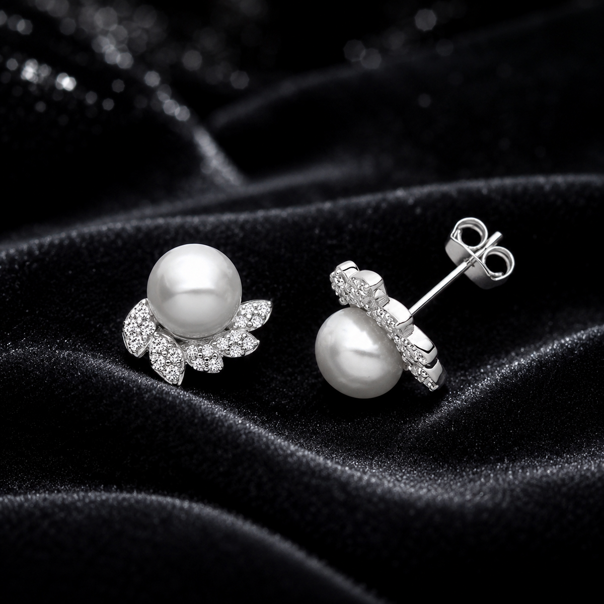 Pearl & Leaf Cluster Stud Earrings Sterling Silver 925 Hallmarked British Made