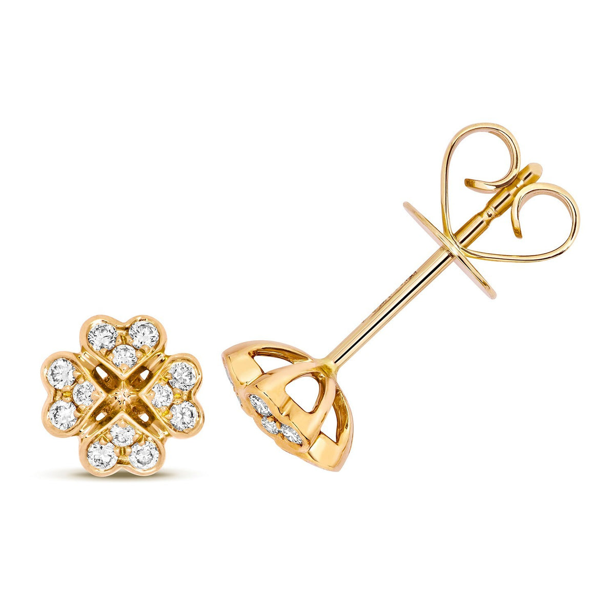 12 Natural Diamond Clover Stud Earrings 18ct Yellow Gold Hallmarked British Made