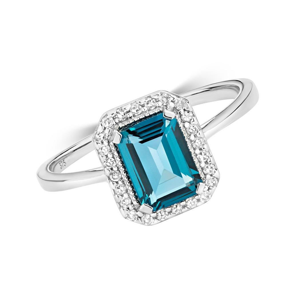 Halo Emerald Blue Topaz Diamond Ring 9ct White Gold 375 Hallmarked Sizes J - Q