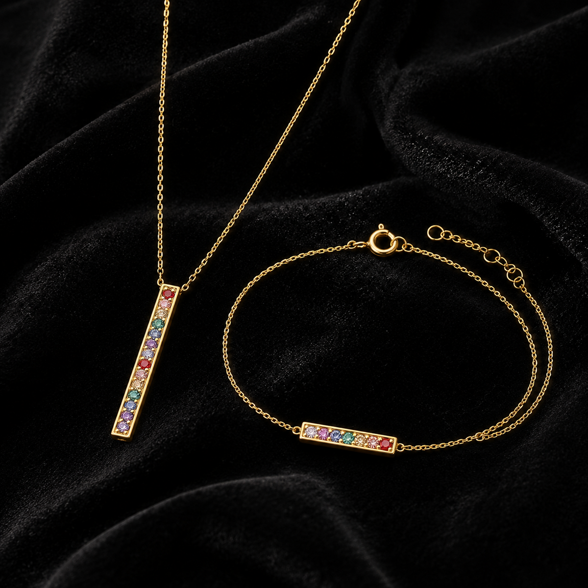 Rainbow Bar Necklace and Bracelet Set 9ct Yellow Gold 375 Hallmarked Brand New