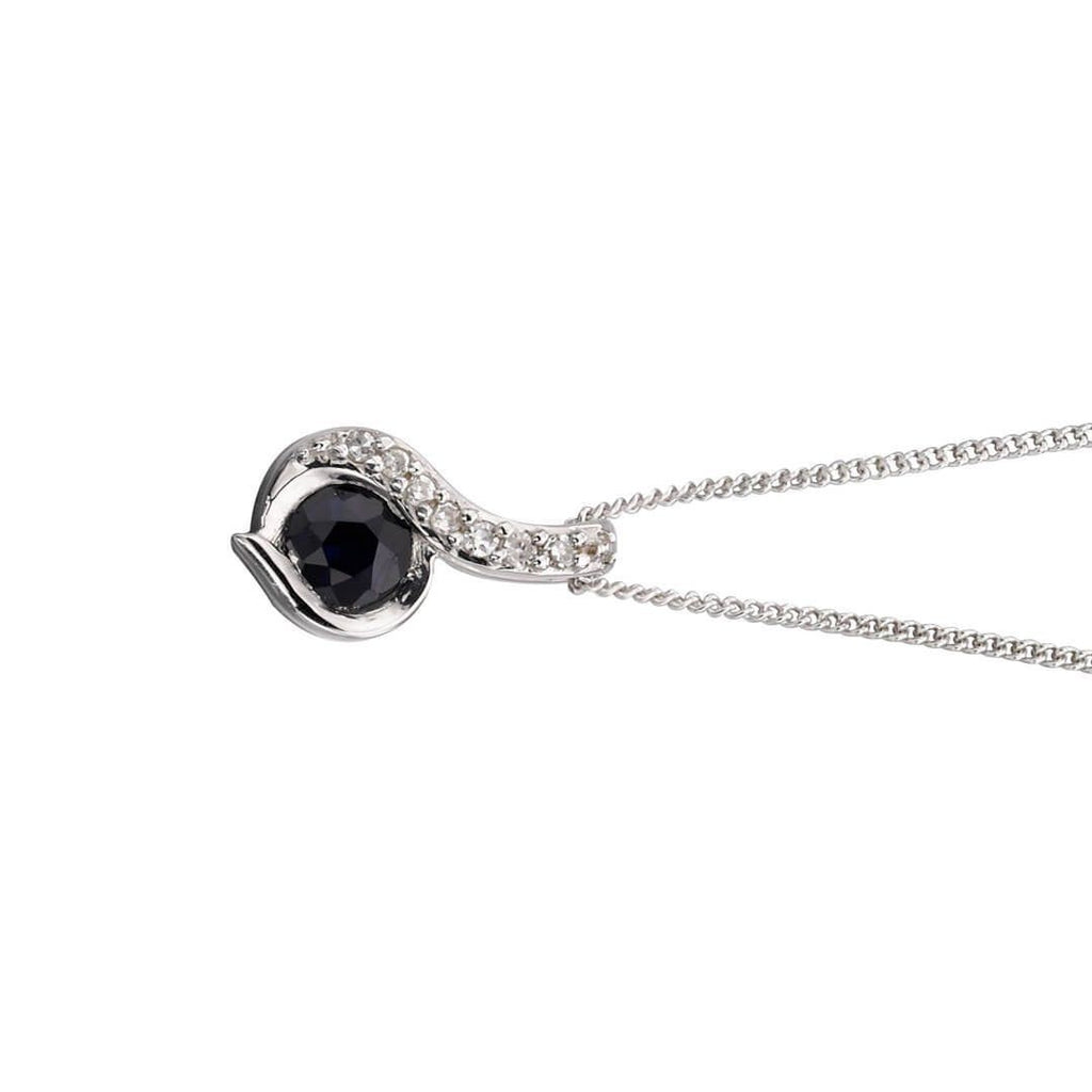 Swirl Sapphire & Diamond Pendant 9ct White Gold 375 Hallmarked British Made