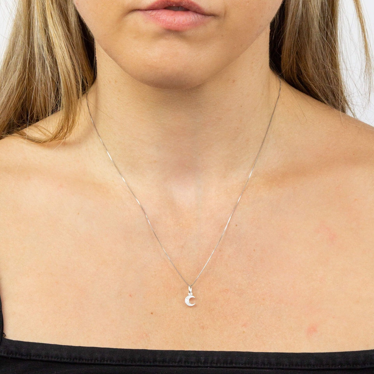 Sterling Silver Pave Moon Pendant 925 Hallmarked British Made All Chain Lengths